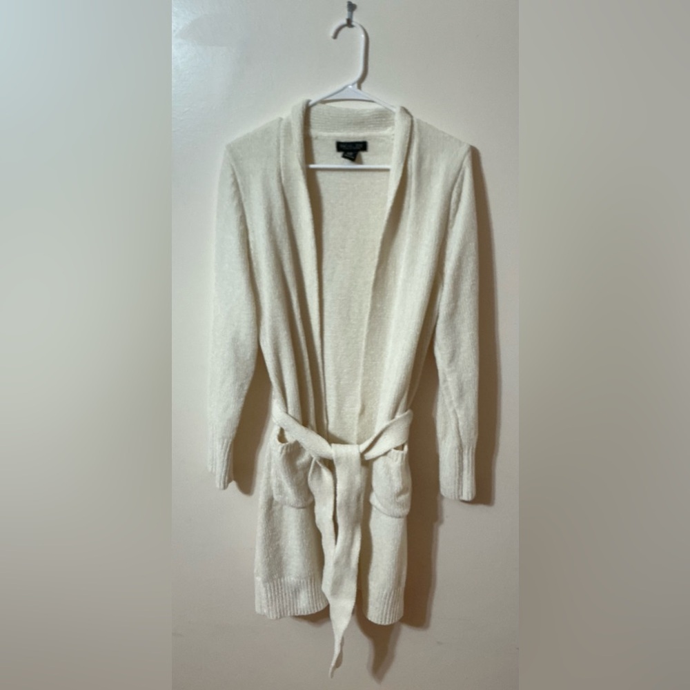 Rachel Zoe Cream Belted Cardigan Soft Velour Knit Sweater Jacket